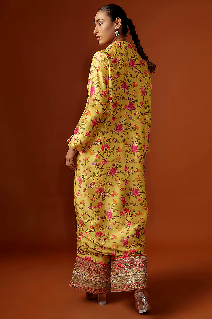 Yellow Slub Silk Digital Printed & Mirror Embroidered Jacket Set