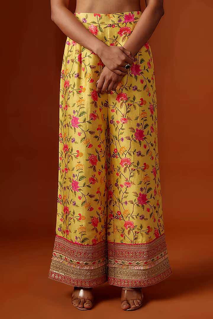 Yellow Slub Silk Digital Printed & Mirror Embroidered Jacket Set