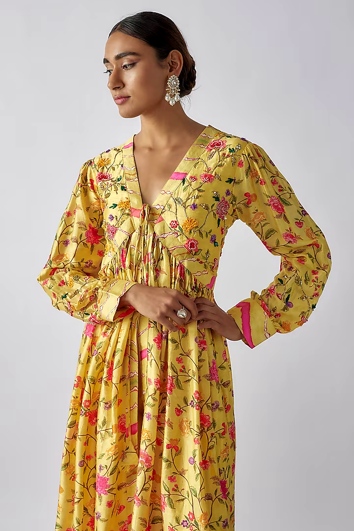 Yellow Silk Digital Printed & Mirror Embroidered Kurta Set