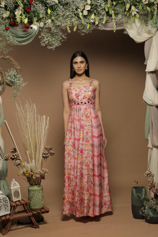 Pink Silk Digital Printed & Mirror Embroidered Kalidar Gown