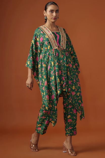 Green Silk Floral Digital Printed & Mirror Embroidered Kaftan Set