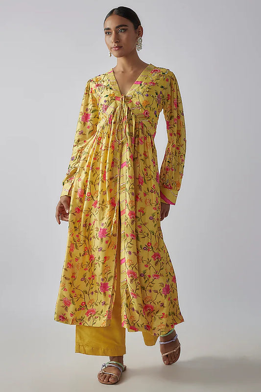 Yellow Silk Digital Printed & Mirror Embroidered Kurta Set