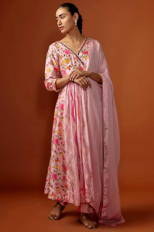 Pink Silk Floral Digital Printed & Mirror Embroidered Kurta Set