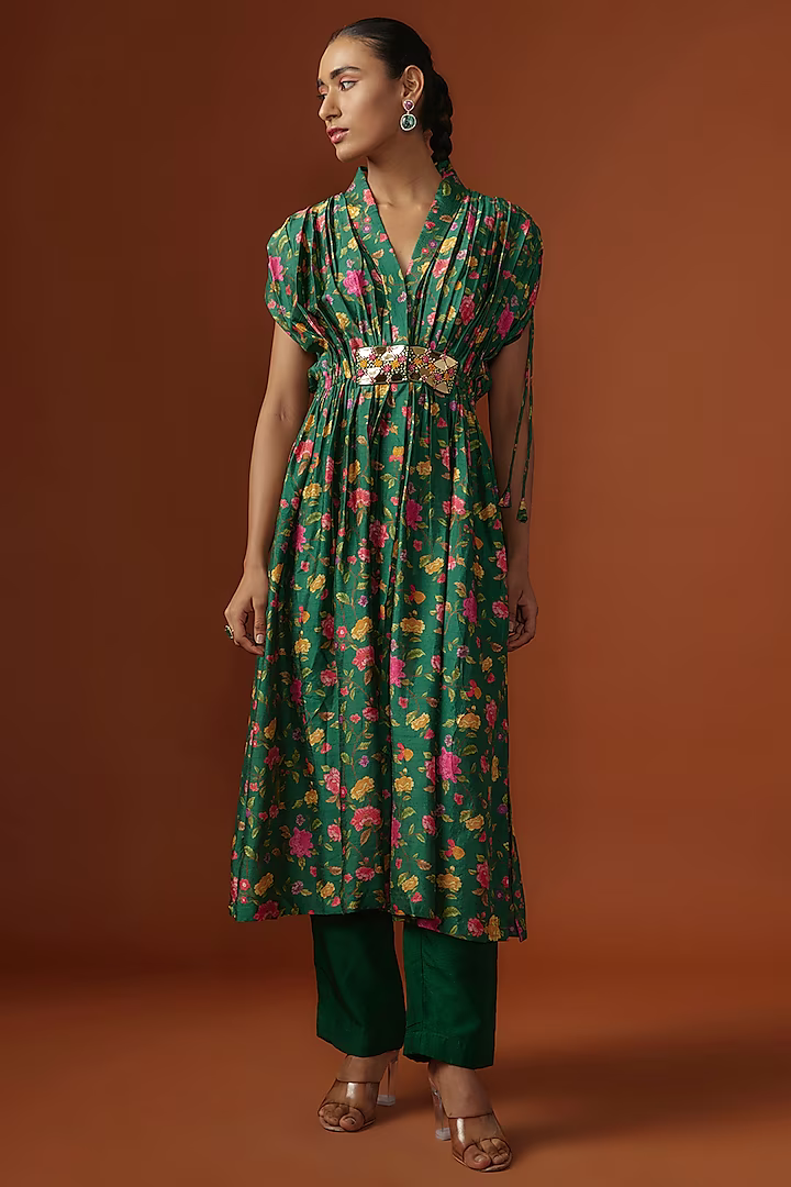 Green Silk Mirror Embroidered & Digital Printed Kaftan Set