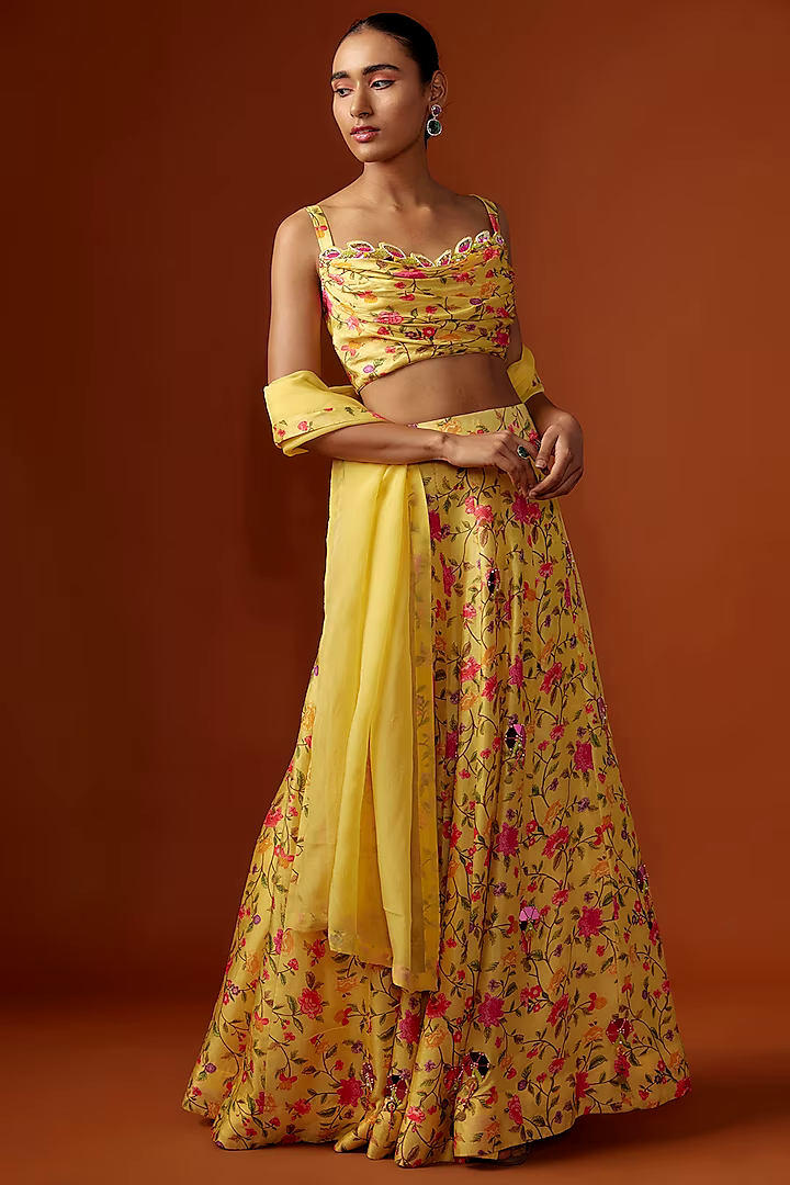 Yellow Silk Digital Printed & Mirror Cutwork Embroidered Lehenga Set