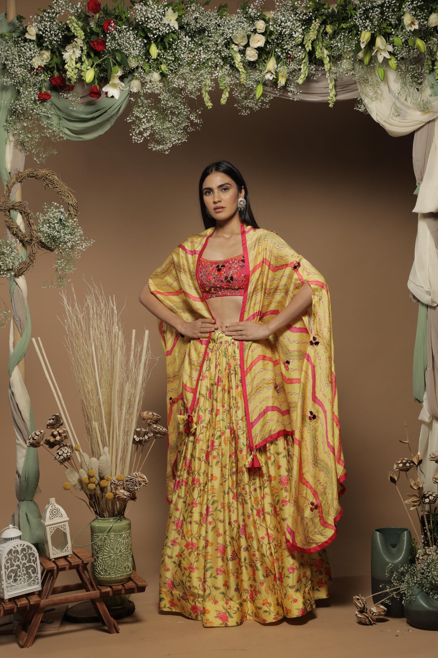 Yellow Silk Digital Printed Cape Set