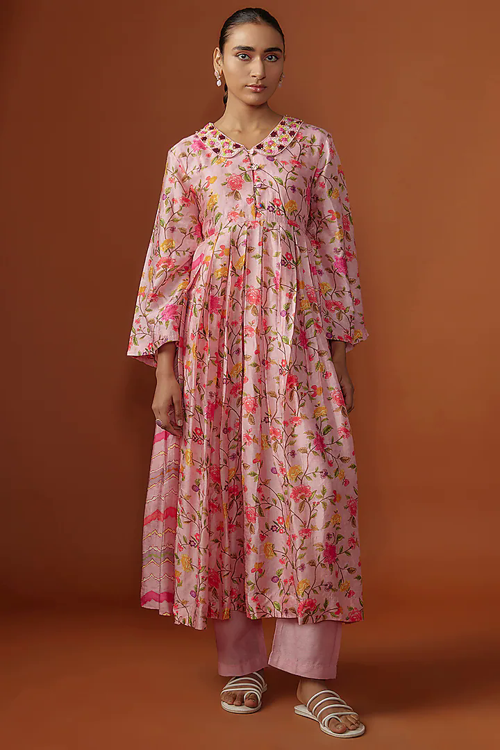 Pink Silk Digital Printed & Mirror Embroidered Kurta Set