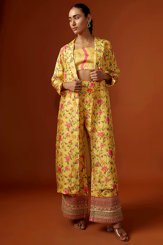 Yellow Slub Silk Digital Printed & Mirror Embroidered Jacket Set