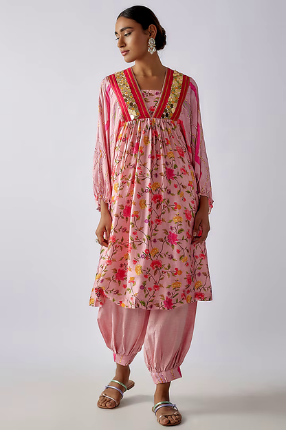 Pink Silk Digital Printed & Mirror Embroidered Kurta Set