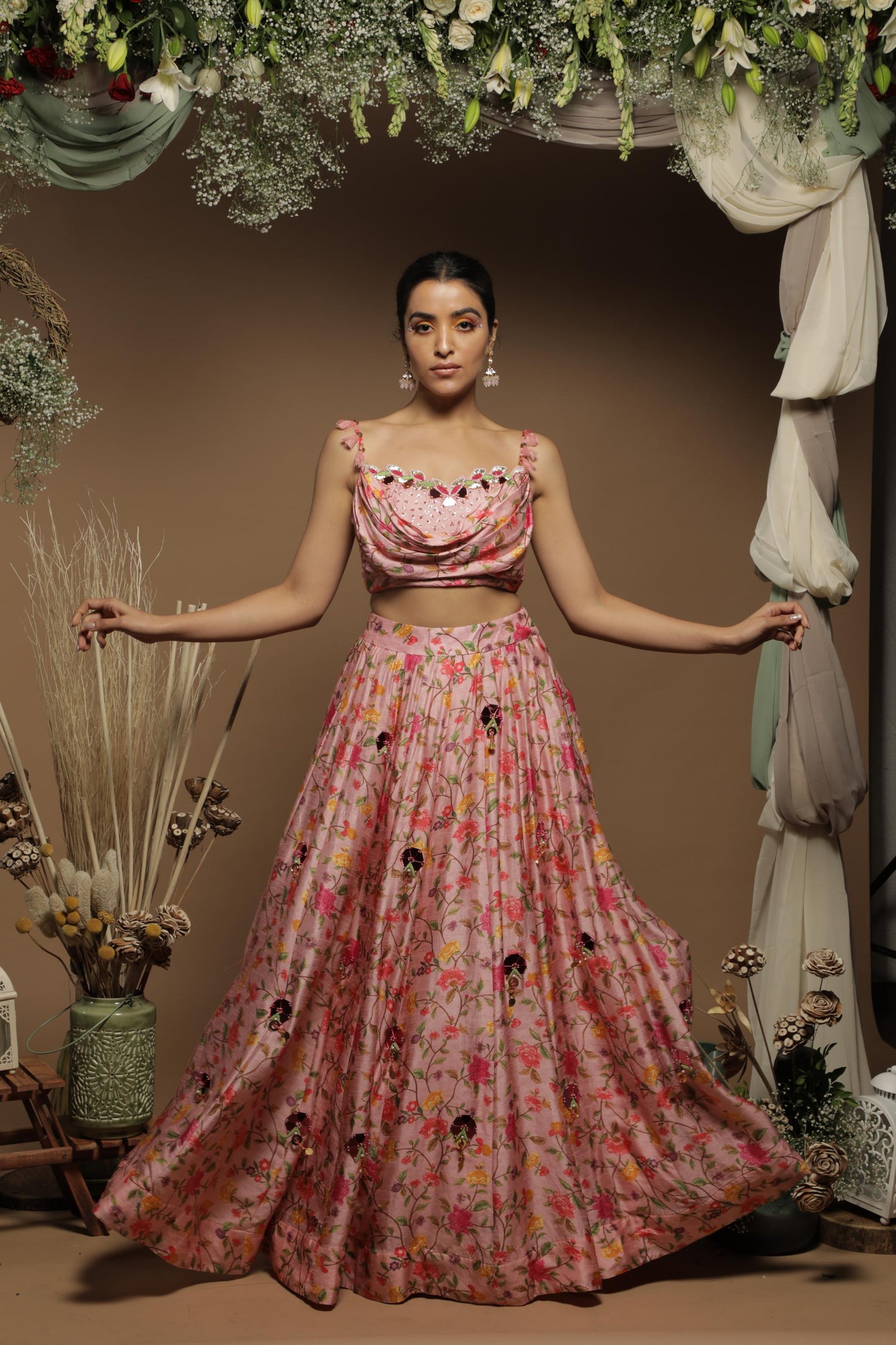 Pink Silk Digital Printed & Mirror Embroidered Lehenga Set