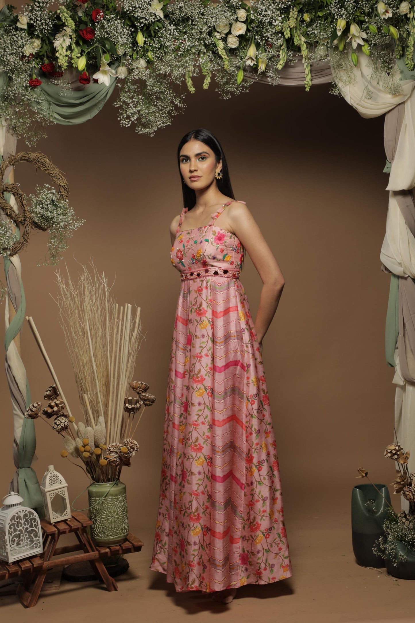 Pink Silk Digital Printed & Mirror Embroidered Kalidar Gown