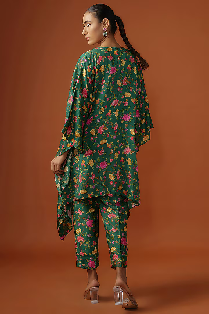 Green Silk Floral Digital Printed & Mirror Embroidered Kaftan Set