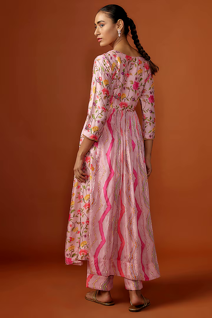 Pink Silk Floral Digital Printed & Mirror Embroidered Kurta Set