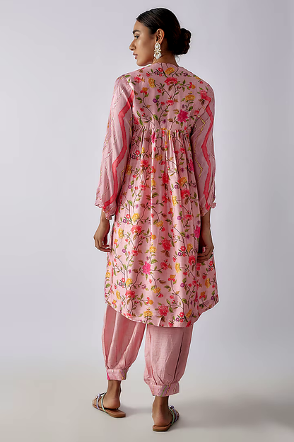 Pink Silk Digital Printed & Mirror Embroidered Kurta Set