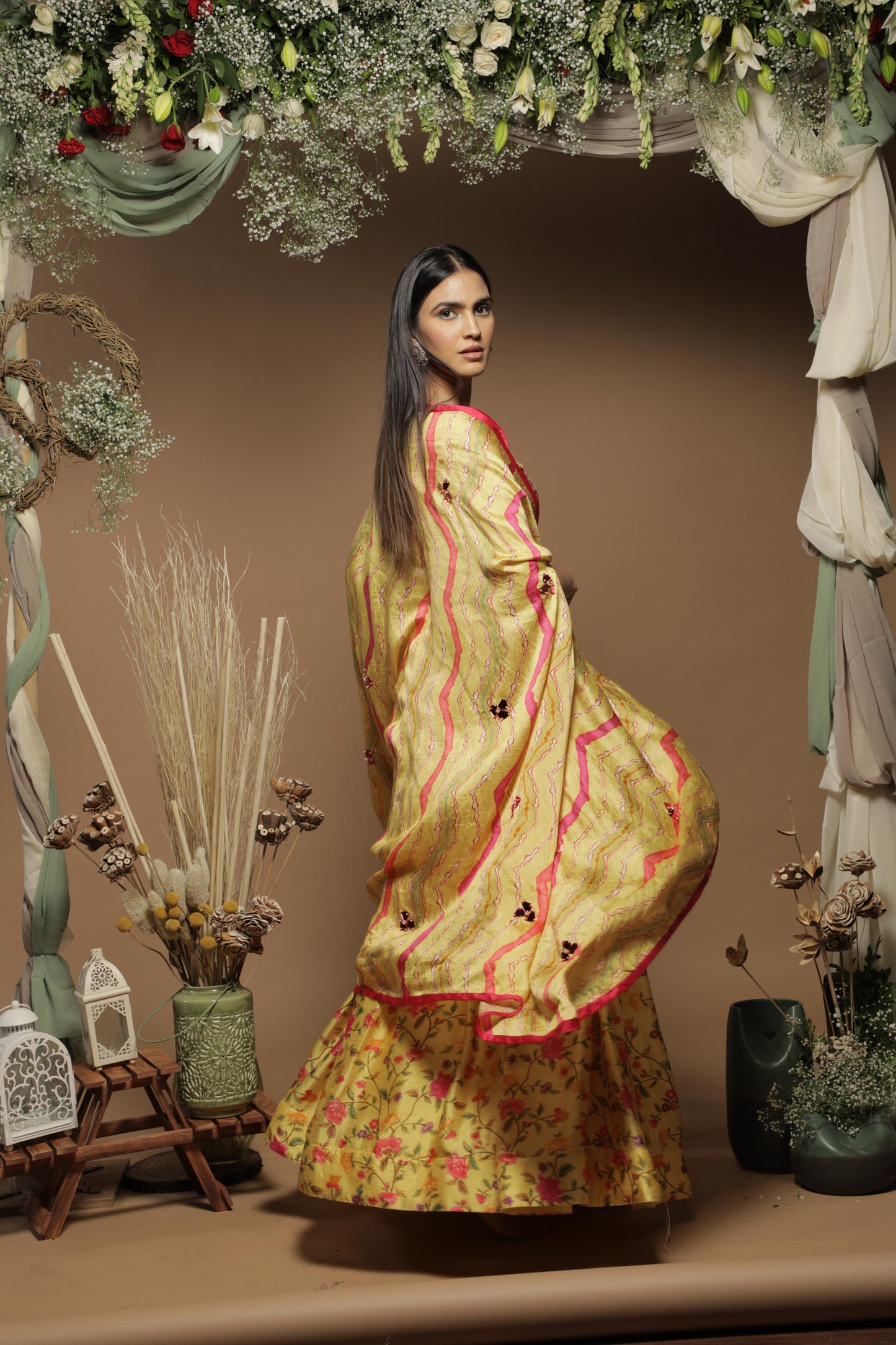 Yellow Silk Digital Printed Cape Set