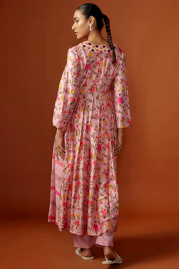 Pink Silk Digital Printed & Mirror Embroidered Kurta Set