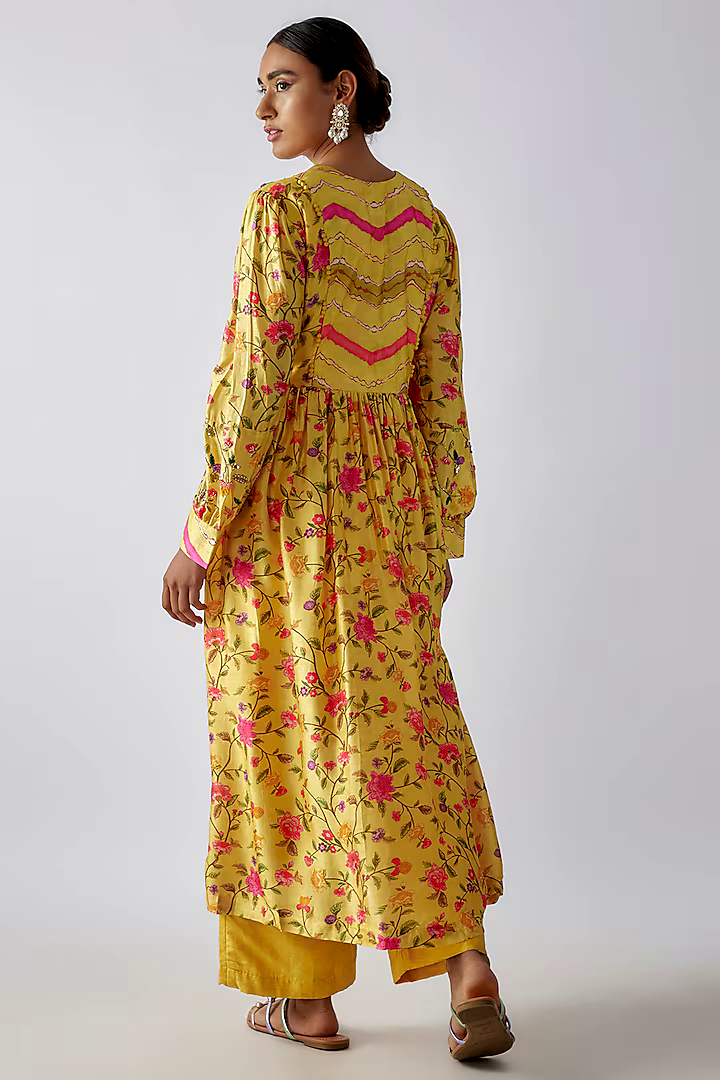 Yellow Silk Digital Printed & Mirror Embroidered Kurta Set