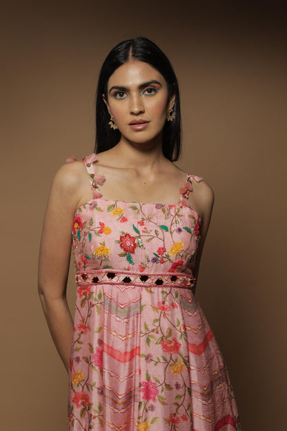 Pink Silk Digital Printed & Mirror Embroidered Kalidar Gown