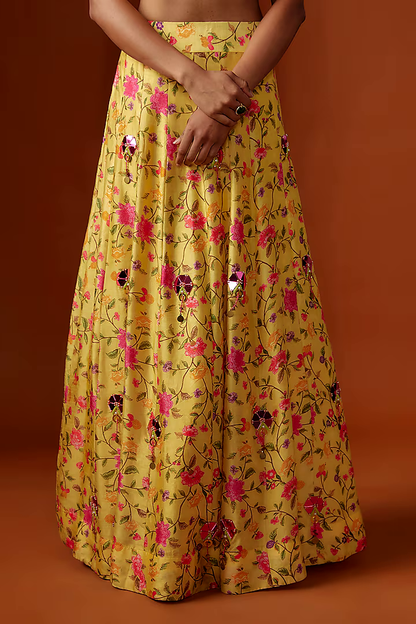 Yellow Silk Digital Printed & Mirror Cutwork Embroidered Lehenga Set