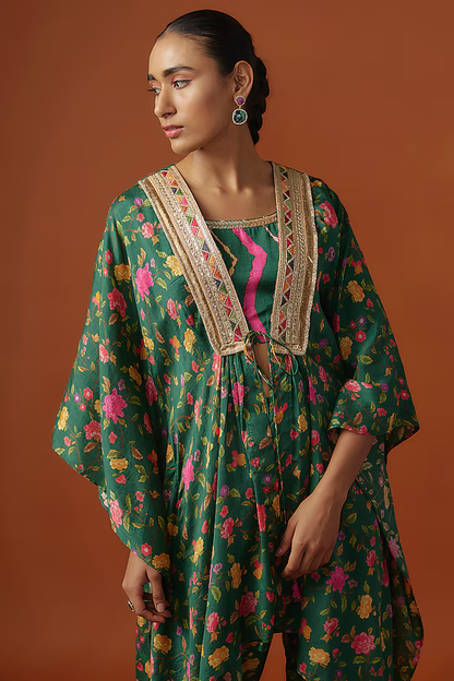 Green Silk Floral Digital Printed & Mirror Embroidered Kaftan Set