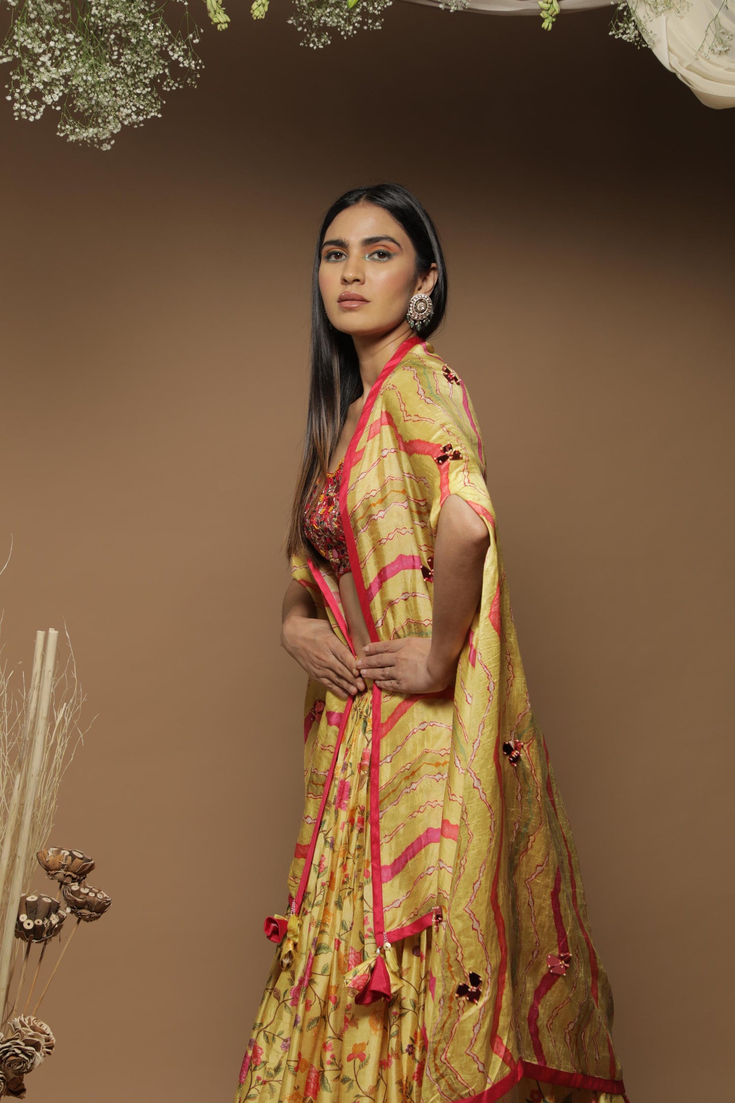 Yellow Silk Digital Printed Cape Set