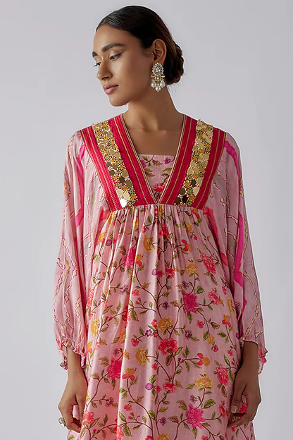 Pink Silk Digital Printed & Mirror Embroidered Kurta Set