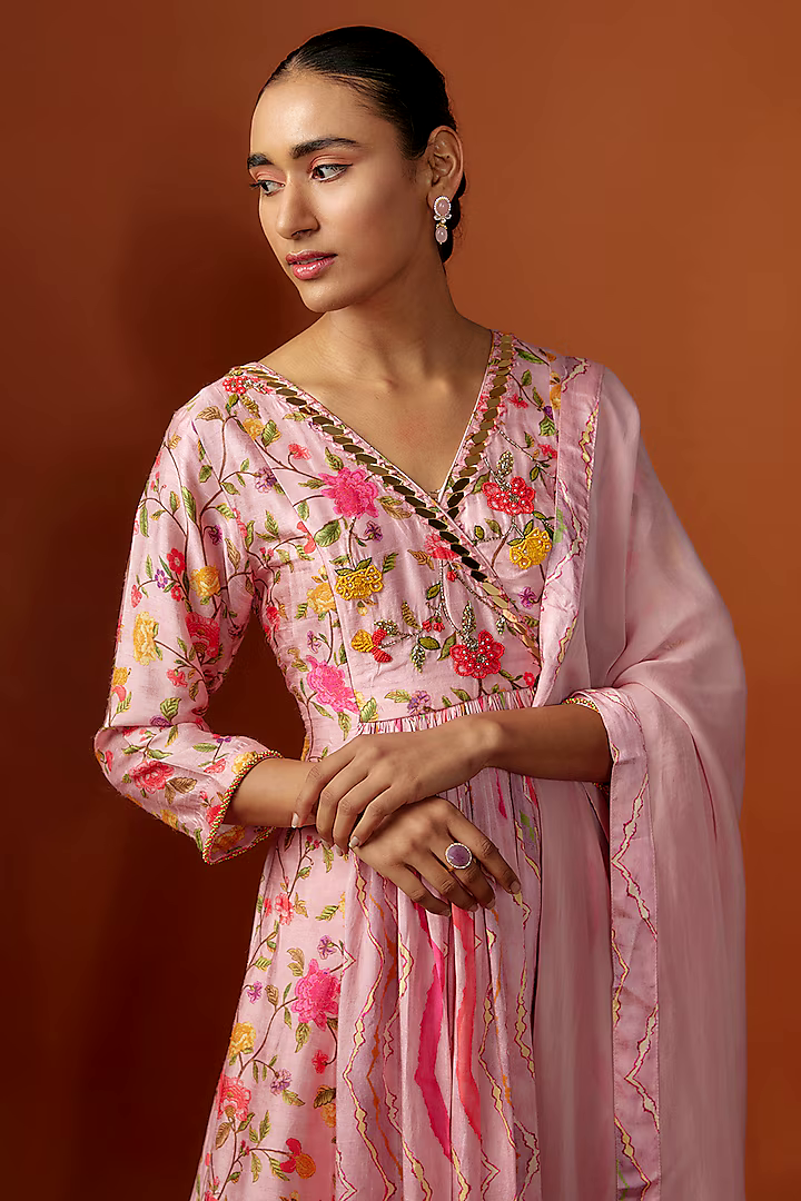 Pink Silk Floral Digital Printed & Mirror Embroidered Kurta Set