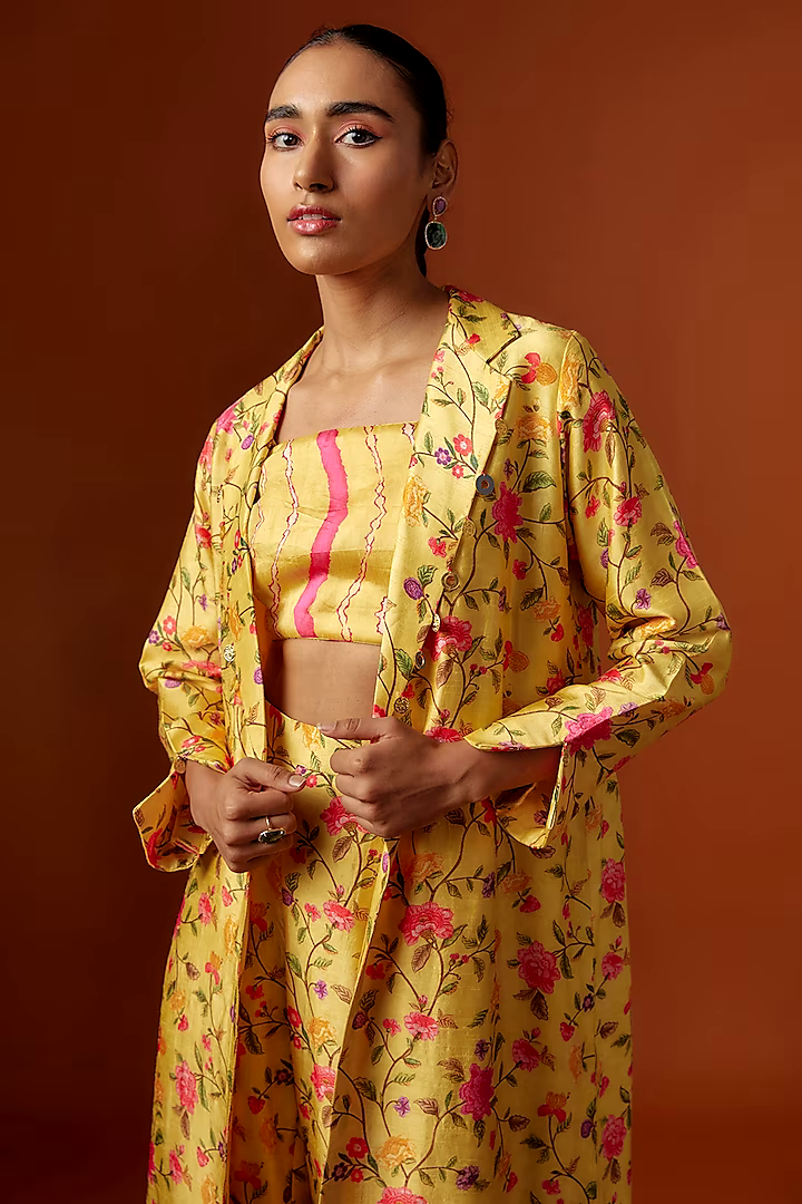 Yellow Slub Silk Digital Printed & Mirror Embroidered Jacket Set