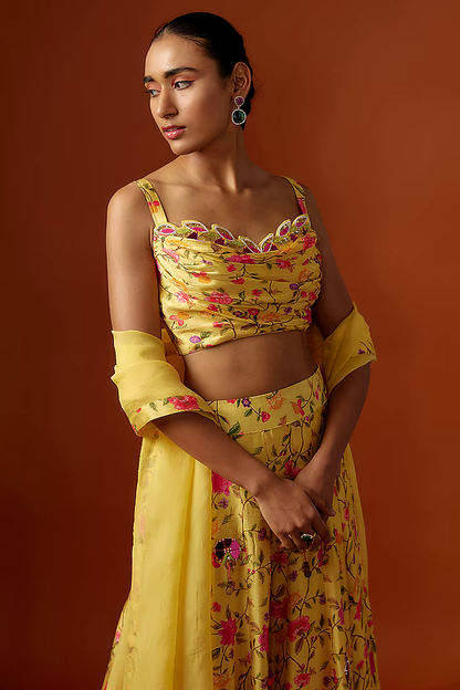 Yellow Silk Digital Printed & Mirror Cutwork Embroidered Lehenga Set