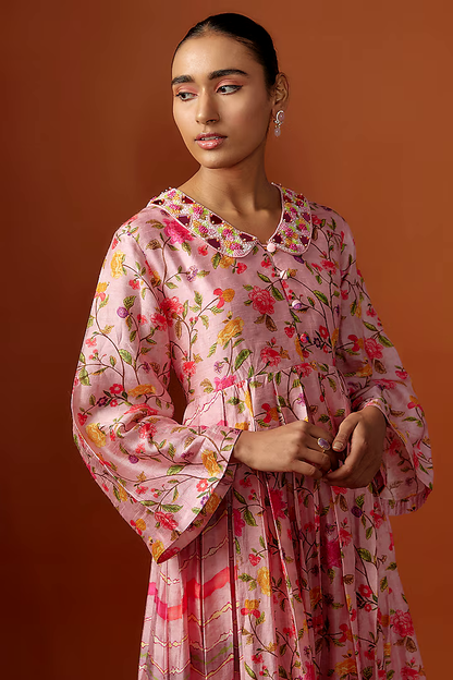 Pink Silk Digital Printed & Mirror Embroidered Kurta Set