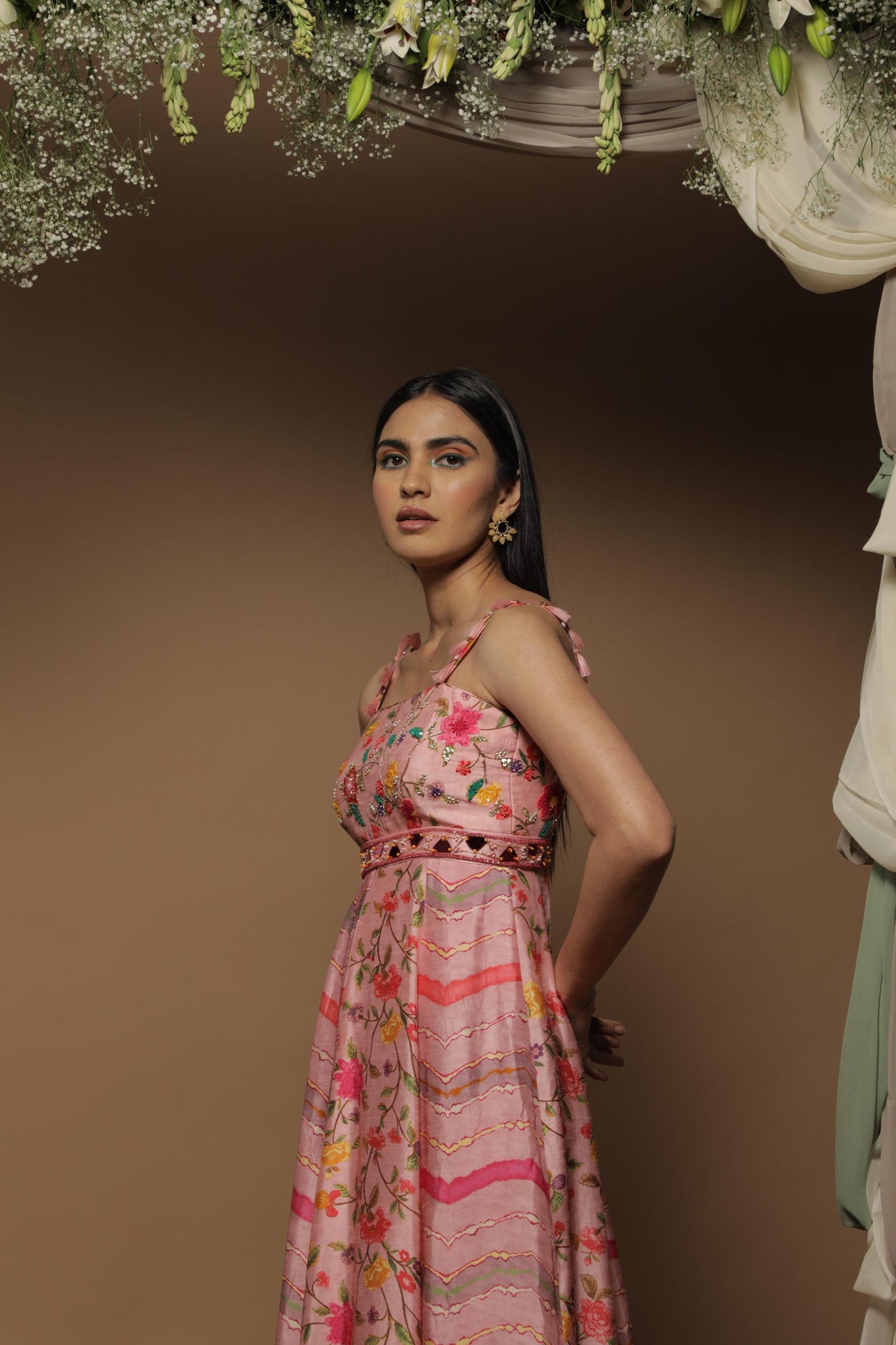 Pink Silk Digital Printed & Mirror Embroidered Kalidar Gown