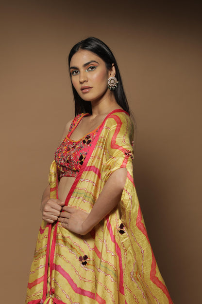 Yellow Silk Digital Printed Cape Set